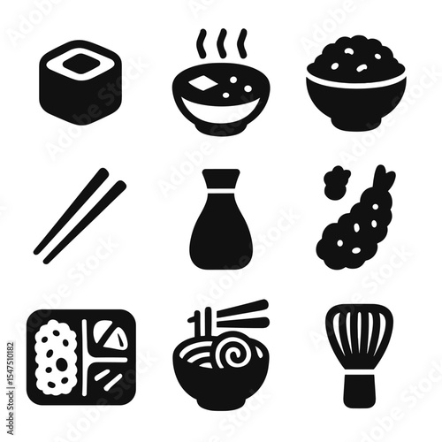 Japanese Cuisine Icons. Solid, filled icons set of Japanese cuisine: sushi roll, miso soup, rice bowl,