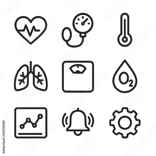 Vitals Dashboard Icons. Outline icon set of vitals tracking dashboard: heart pulse, blood pressure gauge, thermometer, respiratory