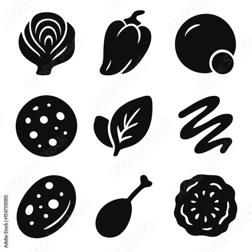 Italian Antipasto Icons. Solid, filled icons set of Italian antipasto options: marinated artichoke, roasted