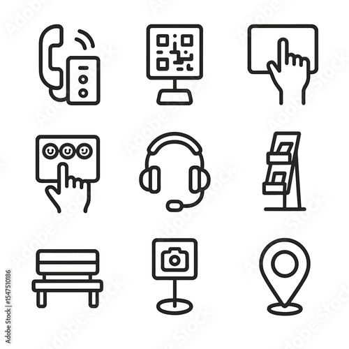 Visitor Engagement Icons. Outline icon set of visitor engagement elements: audio guide handset, QR code placard, interactive
