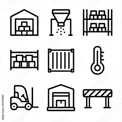 Warehousing Icon Set. Outline icon set of warehousing and storage: bulk warehouse, hopper storage, pallet rack, bin yard, sealed