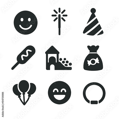 Kids Party Icons. Solid, filled icons set of kids party icons: smiley face, sparkler stick, birthday hat, fun