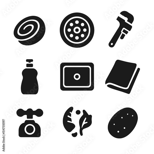 Kitchen Maintenance Icons. Solid, filled icons set of kitchen sink maintenance: steel wool, drain strainer,
