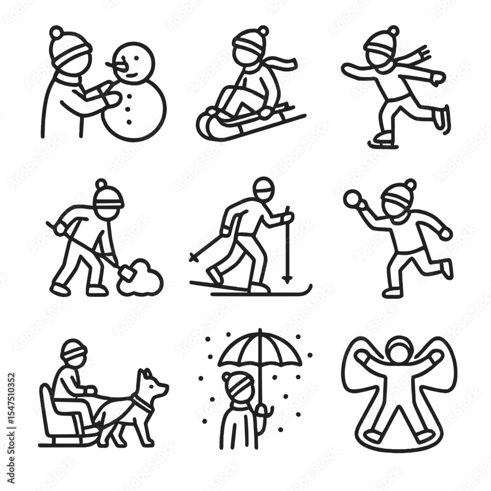 Naklejka premium Winter Activity Icons. Outline icon set of winter activity scenes: building snowman, child sledding, ice skating, shoveling snow,