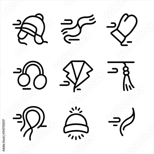 Windy Accessories Icons. Outline icon set of wind-tossed winter accessories: flying hat, fluttering scarf end, glove slipping,