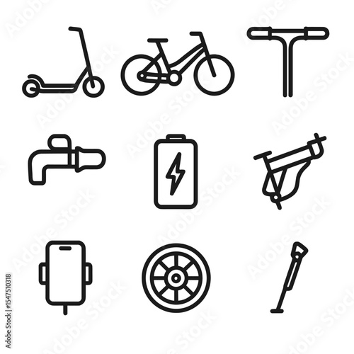 Electric Mobility Icons. Outline icon set of electric scooters and e-bikes: e-scooter, pedal-assist bike, scooter handlebar,