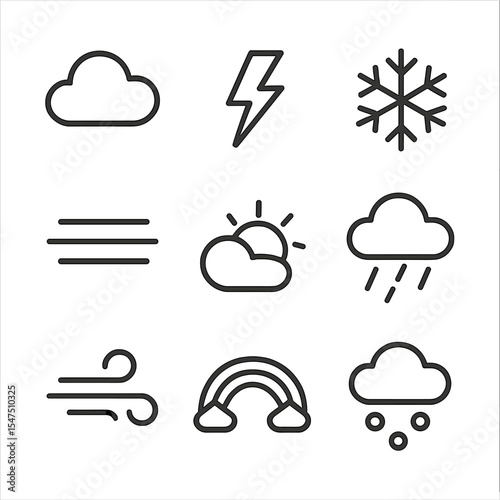 Weather Icons Grid. Outline icon set of weather and environment: cloud, thunderbolt, snowflake, fog bank, sun peeking, rain shower