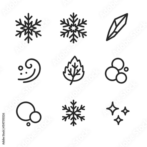 Winter Icons Set. Outline icon set of frost and snow patterns: snowflake pattern, frost crystal, ice shard, snow swirl, hoarfrost
