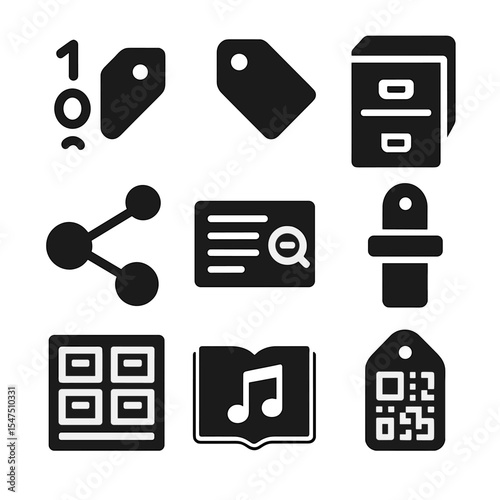 Library Icon Grid. Solid, filled icons set of knowledge systems and classification: Dewey Decimal, subject tag