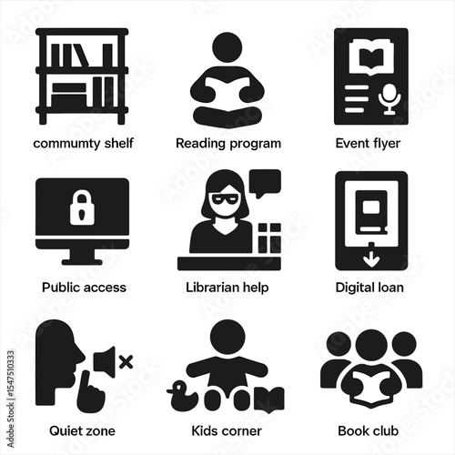 Library Services Icons. Solid, filled icons set of public library services: community shelf, reading program,