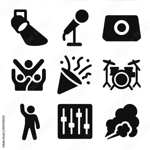 Live Concert Icons. Solid, filled icons set of live concert experience: spotlight beam, mic stand, stage