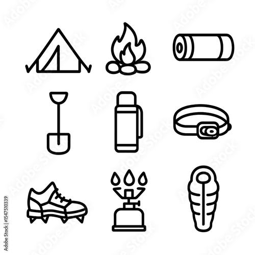 Winter Camping Icon Set. Outline icon set of winter camping by frozen lake: tent, campfire pit, insulated mat, snow shovel,