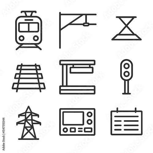Electric Rail Icons. Outline icon set of electric rail transit: electric train, overhead catenary, pantograph arm, rail track,
