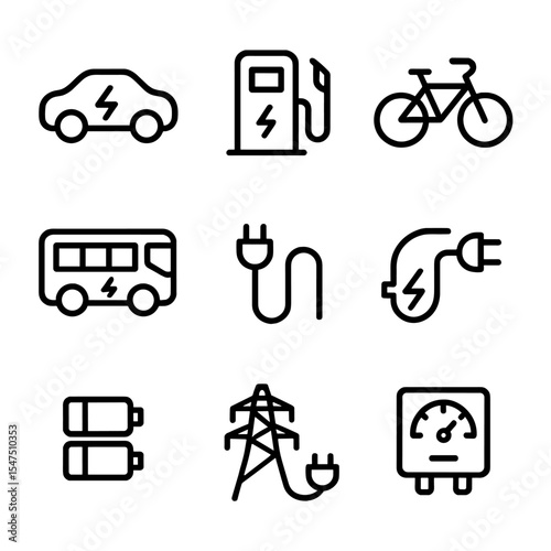 Electric Transport Icons. Outline icon set of transport electrification: electric vehicle, charging station, e-bike, electric bus,