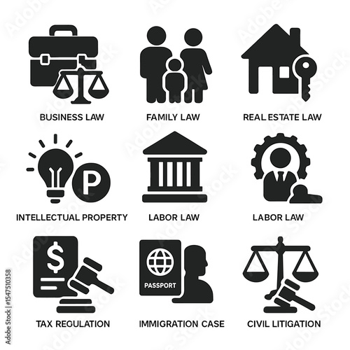 Legal Specialties Icons. Solid, filled icons set of legal practice specialties: business law, family law, real