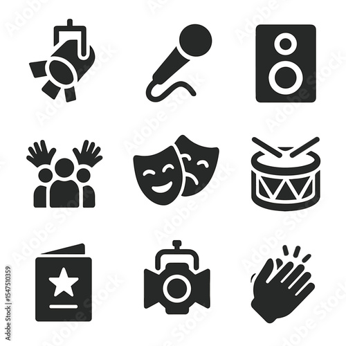 Live Entertainment Icons. Solid, filled icons set of live entertainment experiences: stage spotlight,