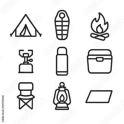 Winter Camping Essentials Icons. Outline icon set of winter camping essentials: tent, sleeping bag, campfire, stove, thermos,