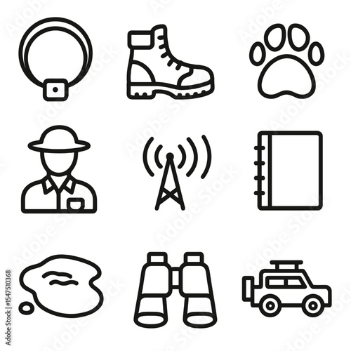 Elephant Tracking Icons. Outline icon set of elephant tracking expeditions: GPS collar, tracking boot, elephant footprint, ranger