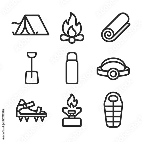 Winter Camping Icon Set. Outline icon set of winter camping by frozen lake: tent, campfire pit, insulated mat, snow shovel,