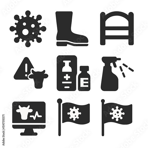 Livestock Disease Prevention Icons. Solid, filled icons set of livestock disease prevention: virus icon,