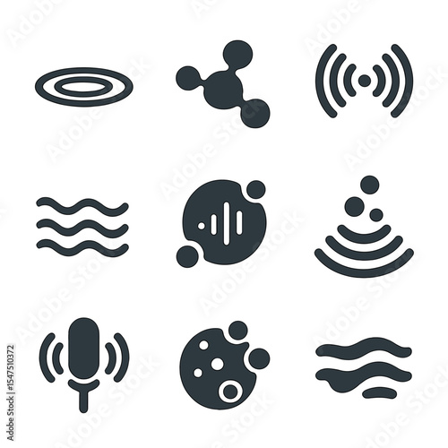 Liquid Sound Icons. Solid, filled icons set of sound in liquids: ripple icon, fluid molecule, sonar wave,