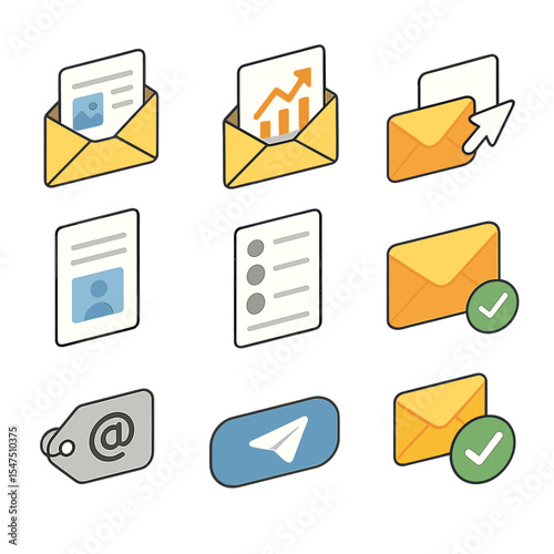 Email Marketing Icons. Isometric Flat icon set of email marketing: newsletter, open rate graph, click-through arrow, email