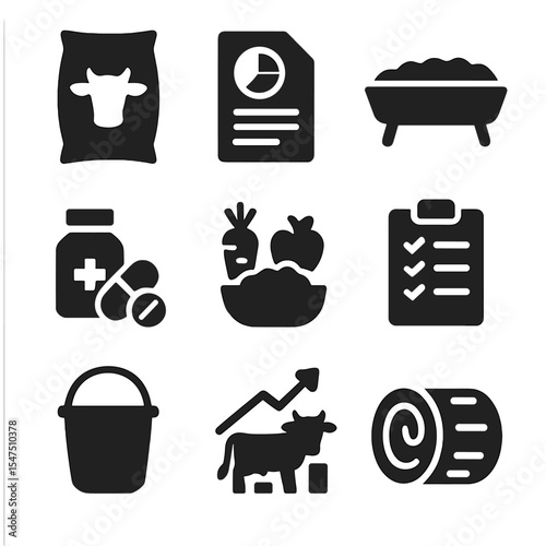 Livestock Nutrition Icons. Solid, filled icons set of livestock nutrition tracking: feed bag, nutrient chart,