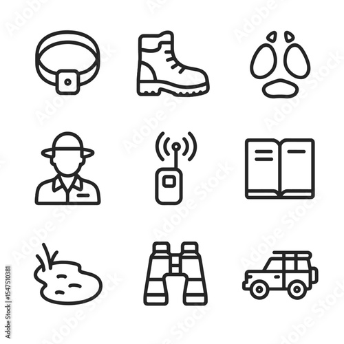 Elephant Tracking Icons. Outline icon set of elephant tracking expeditions: GPS collar, tracking boot, elephant footprint, ranger