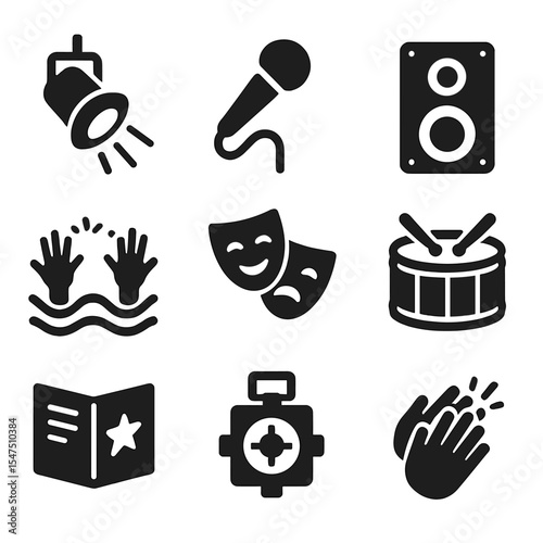 Live Entertainment Icons. Solid, filled icons set of live entertainment experiences: stage spotlight,