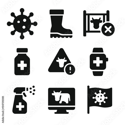 Livestock Disease Prevention Icons. Solid, filled icons set of livestock disease prevention: virus icon,