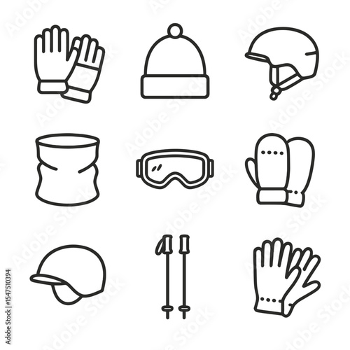 Winter Sports Gear Icons. Outline icon set of winter sports kit: ski gloves, beanie, snowboard helmet, neck gaiter, snow goggles,