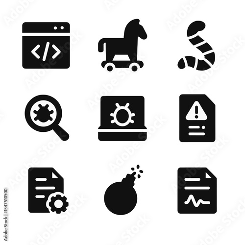 Malware Tools Icon Set. Solid, filled icons set of malware investigation tools: code disassembler, trojan icon