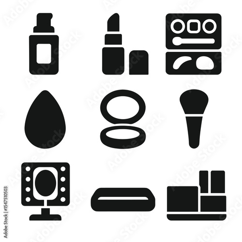 Makeup Icons Set. Solid, filled icons set of makeup station essentials: foundation bottle, lipstick, eyeshadow