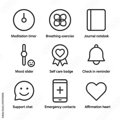 Empathy & Wellness Icons. Outline icon set of UX empathy features: empathy map, user avatar with heart, feedback form, sentiment