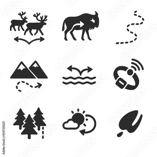 Mammal Migration Icons. Solid, filled icons set of mammal migration routes: caribou herd, wildebeest icon,