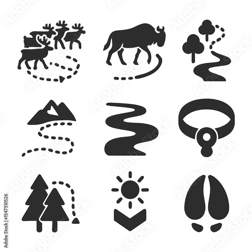 Mammal Migration Icons. Solid, filled icons set of mammal migration routes: caribou herd, wildebeest icon,