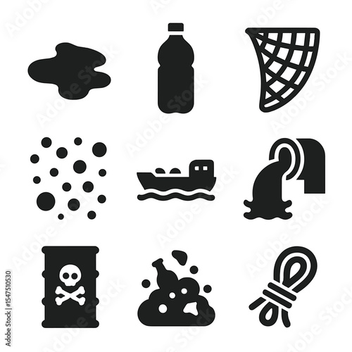 Marine Pollution Icons. Solid, filled icons set of marine pollution sources: oil spill, plastic bottle,