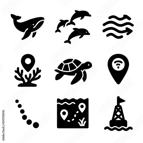 Marine Migration Icons. Solid, filled icons set of marine animal migration: humpback whale, dolphin group,