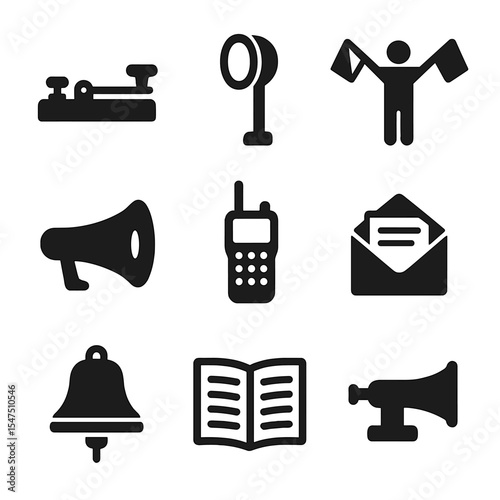 Maritime Communication Icons. Solid, filled icons set of maritime communication tools: morse key, signal lamp,
