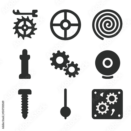 Mechanical Time Icons. Solid, filled icons set of mechanical time regulation: escapement gear, balance wheel,