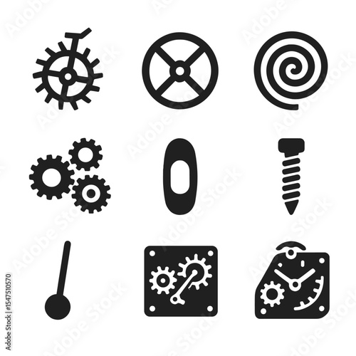 Mechanical Time Icons. Solid, filled icons set of mechanical time regulation: escapement gear, balance wheel,