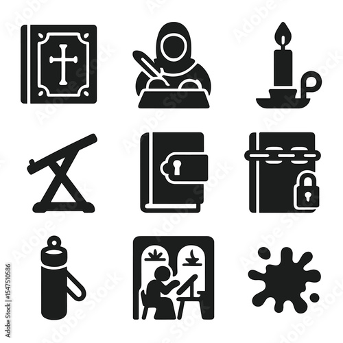 Medieval Knowledge Icons. Solid, filled icons set of medieval knowledge storage: illuminated manuscript, monk