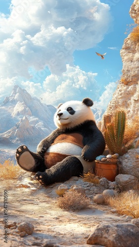 Panda exploring a desert landscape with hidden oases and unique cacti, contrasting with its usual habitat.