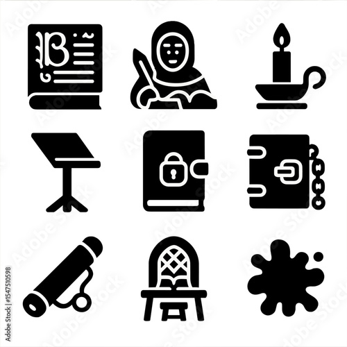 Medieval Knowledge Icons. Solid, filled icons set of medieval knowledge storage: illuminated manuscript, monk
