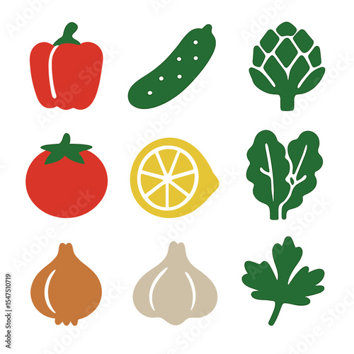 Mediterranean Produce Icons. Solid, filled icons set of fresh produce for Mediterranean dishes: red pepper,