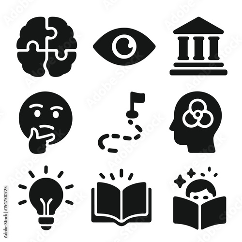 Mental Enrichment Icons. Solid, filled icons set of learning for mental enrichment: puzzle brain, curiosity