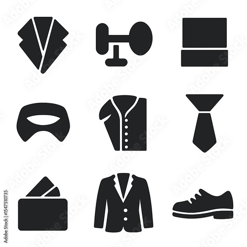 Men's Formalwear Icons. Solid, filled icons set of men’s formalwear tailoring: suit lapel, cufflink, trouser