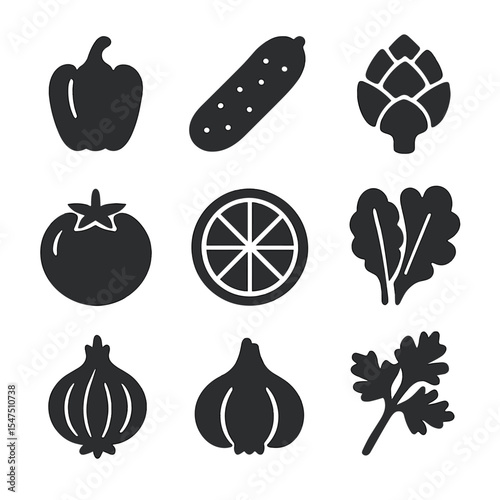 Mediterranean Produce Icons. Solid, filled icons set of fresh produce for Mediterranean dishes: red pepper,