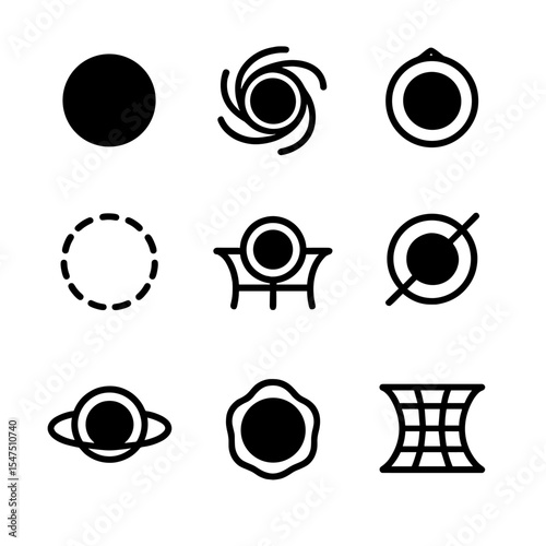 Event Horizon Icons. Outline icon set of event horizons: dark sphere, light bending arcs, photon sphere, boundary marker, warped