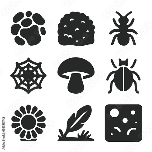 Micro-Nature Icons. Solid, filled icons set of micro-nature exploration: pebble texture, moss patch, ant icon,